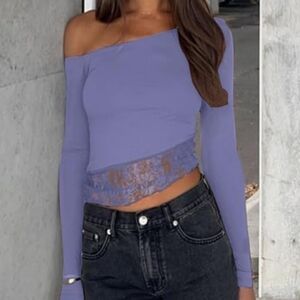 One-Shoulder Purple Lace Trim Top